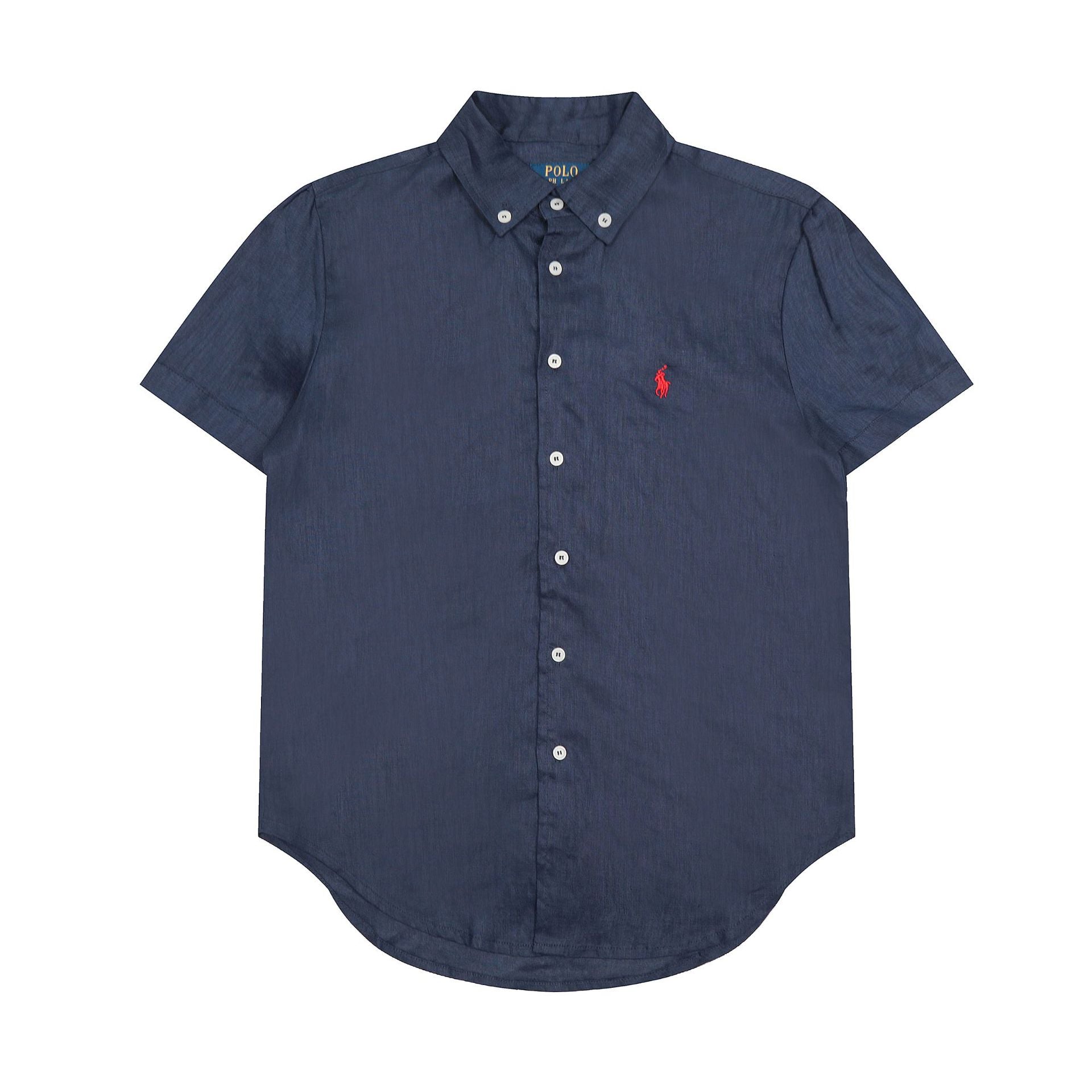 RL classic basic solid-color short-sleeved shirt linen shirt