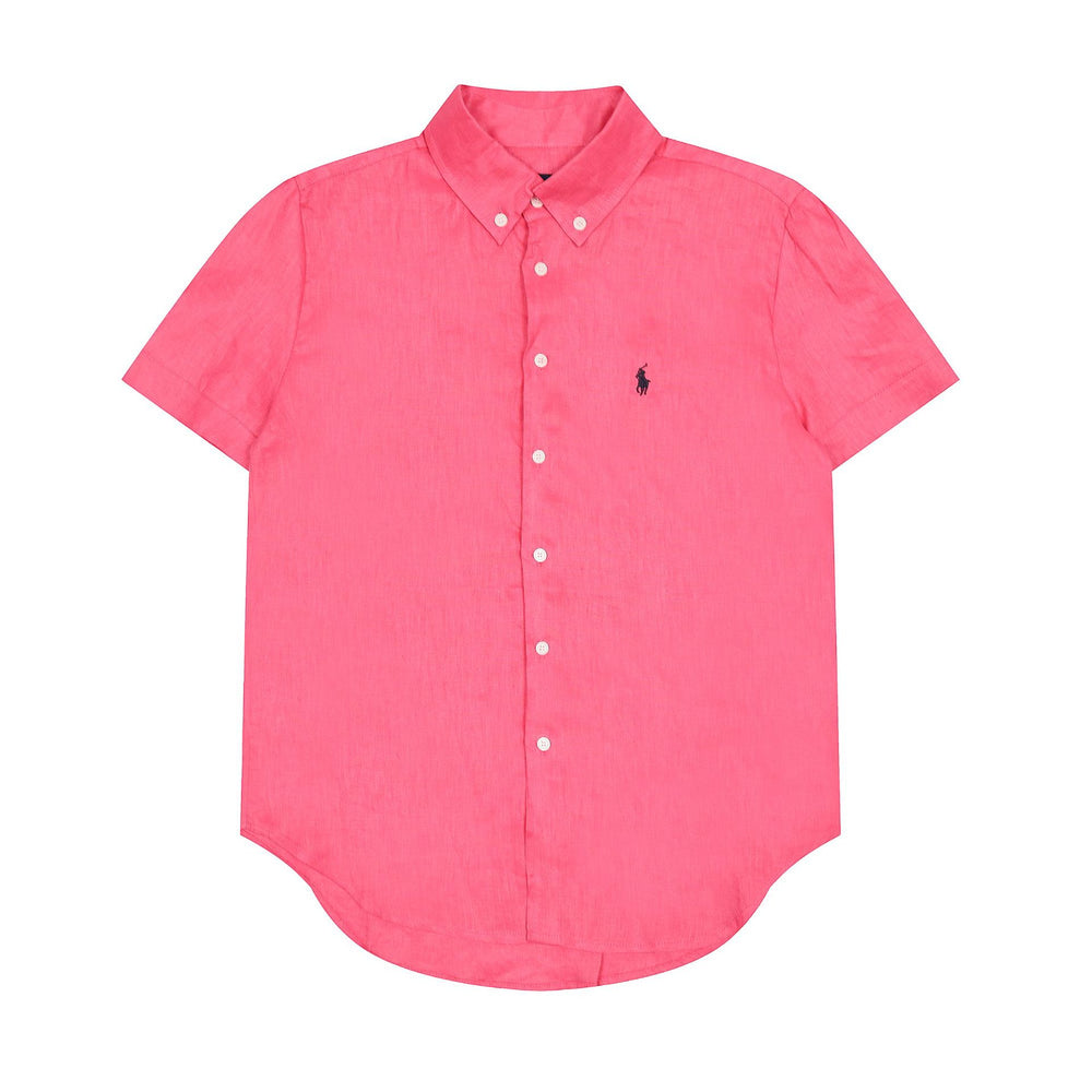 RL classic basic solid-color short-sleeved shirt linen shirt